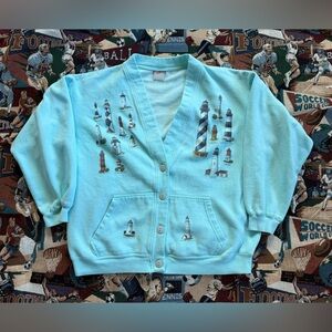Vintage 90s Women’s Lighthouse Baby Blue Cardigan
